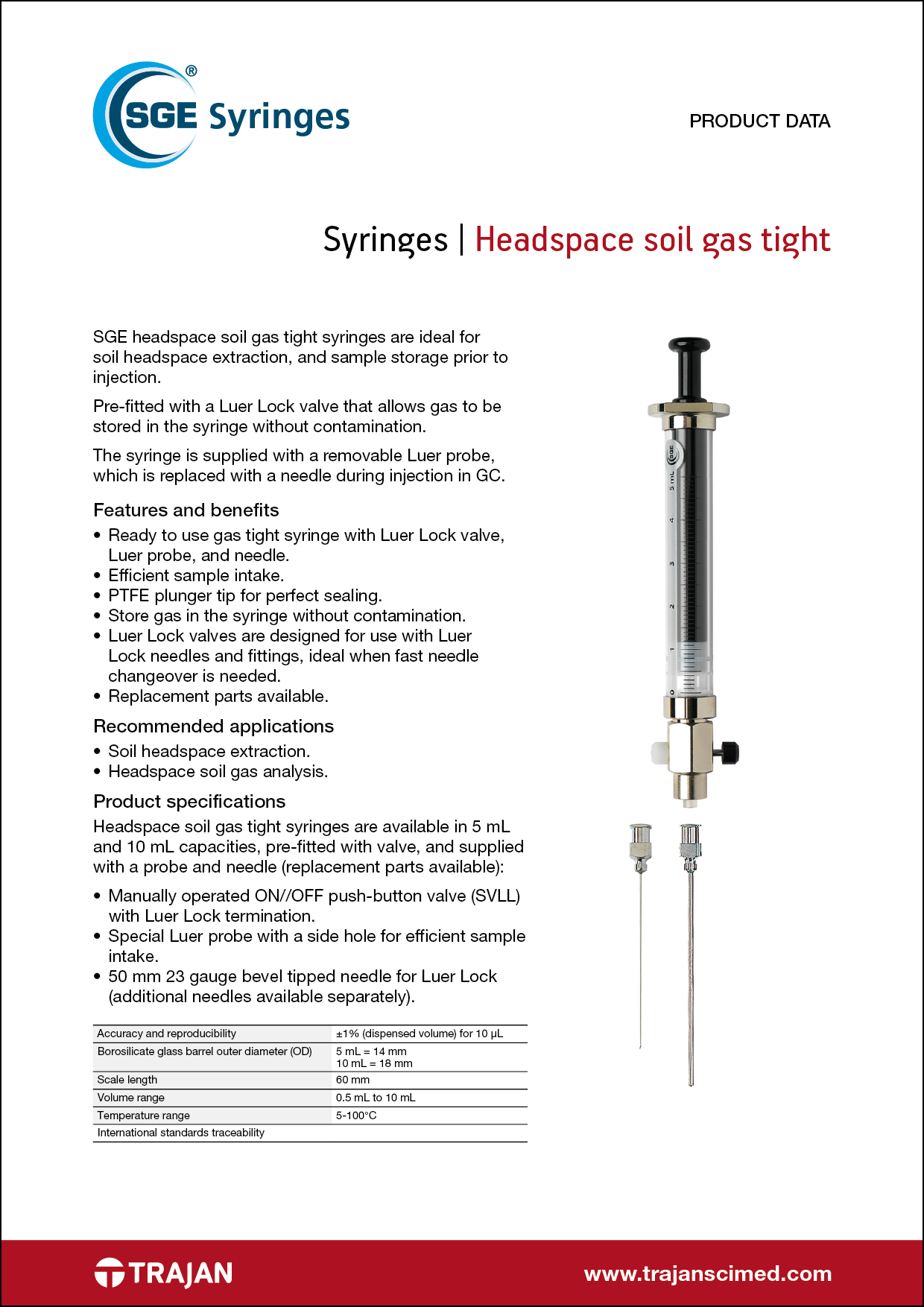 Product Data Sheet - SGE headspace soil gas tight syringes