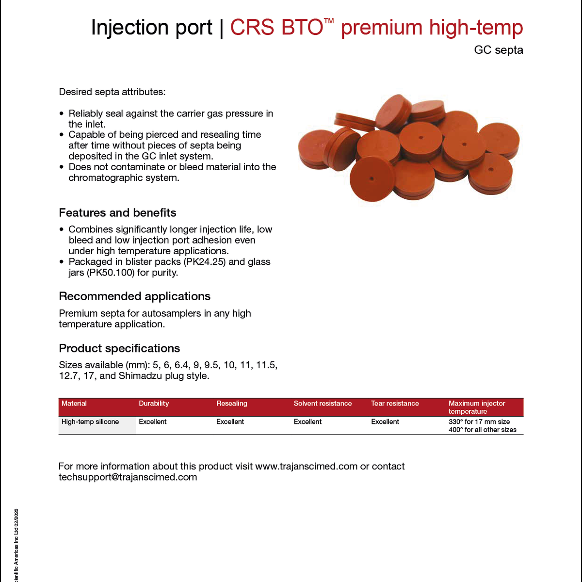 CRS BTO (Bleed temperature optimized) premium high-temp GC septa