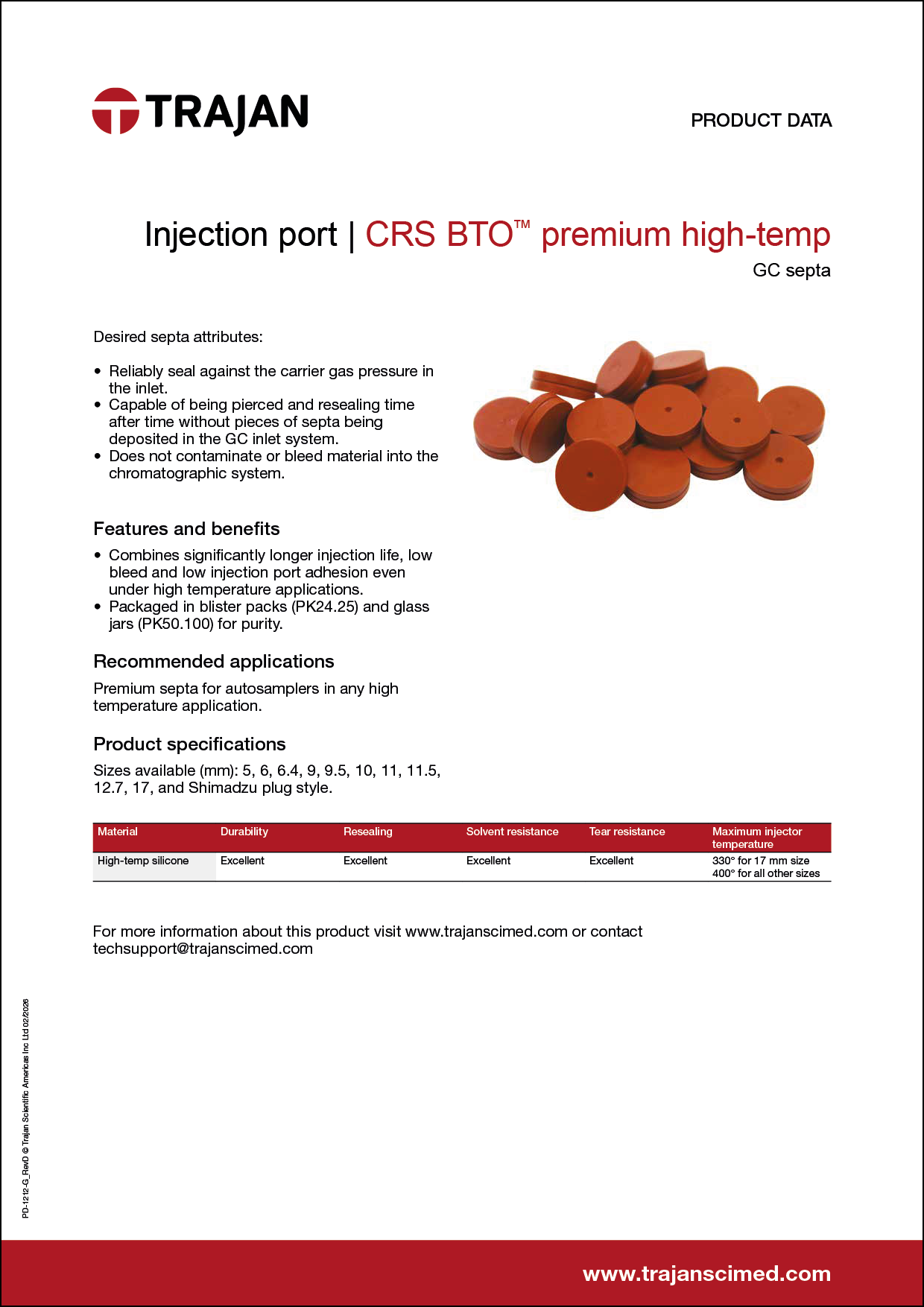 Product Data Sheet - CRS BTO (Bleed temperature optimized) premium high-temp GC septa