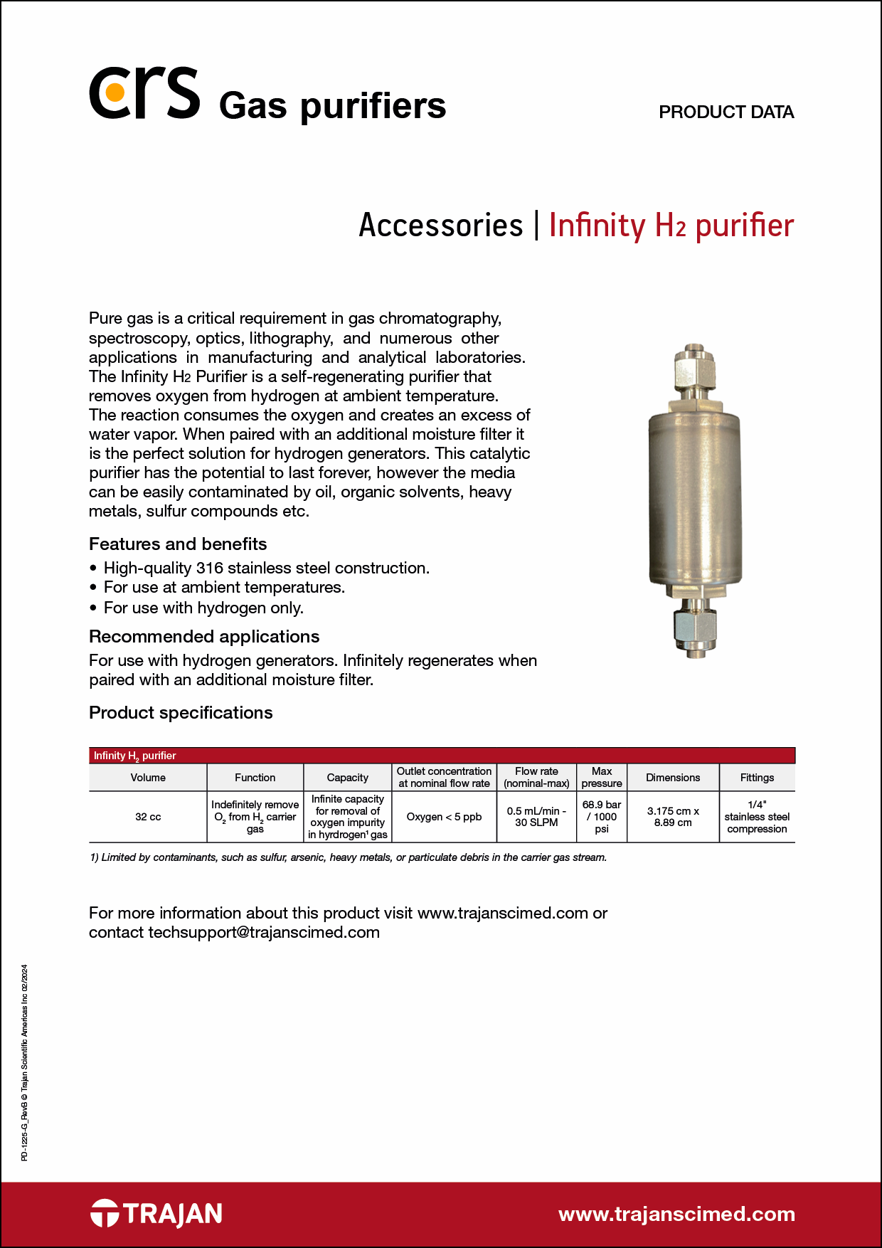 Product Data Sheet - CRS Infinity H<sub>2</sub> gas purifier