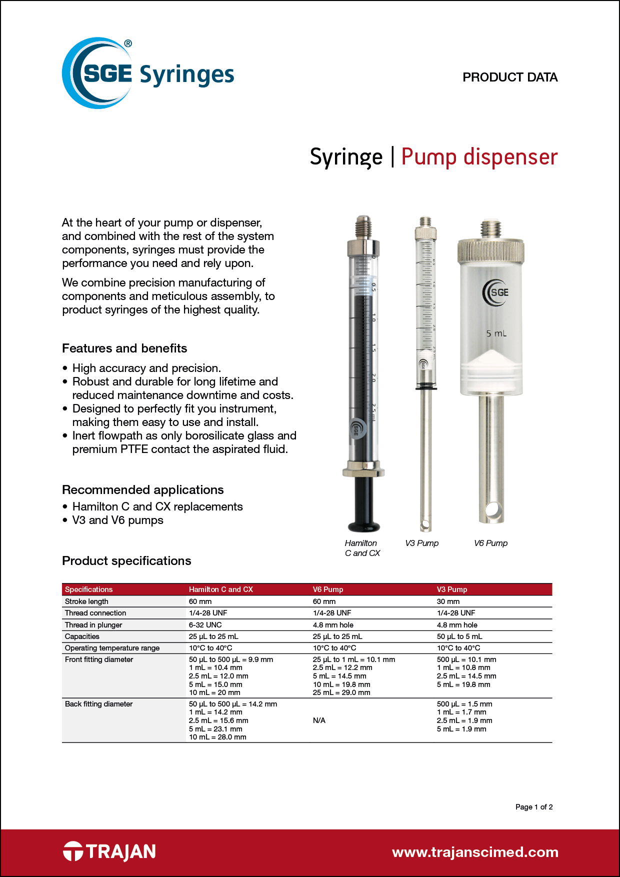 Product Data Sheet - SGE pump dispenser syringes