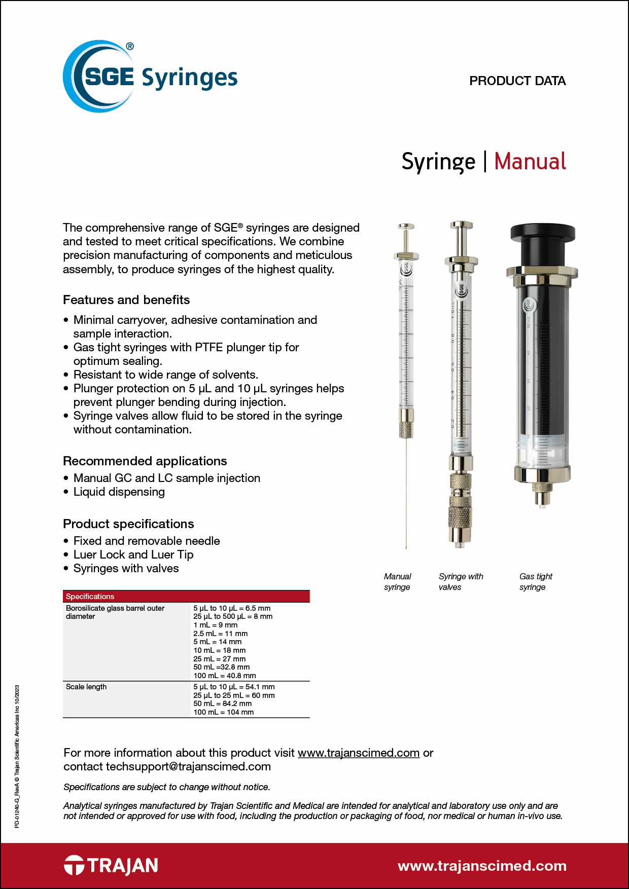 Product Data Sheet - SGE manual syringes
