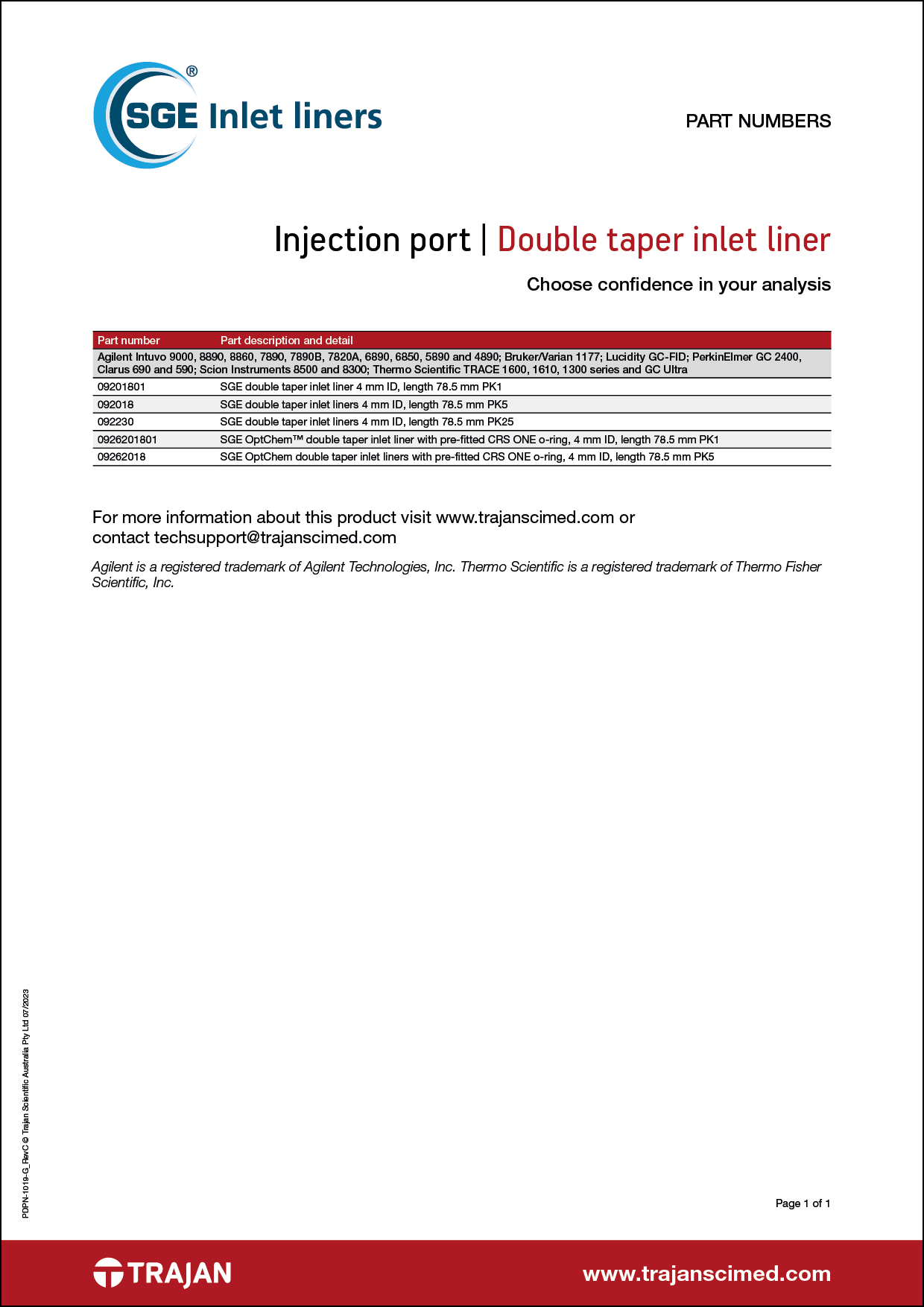 Part Number List - SGE double taper inlet liners