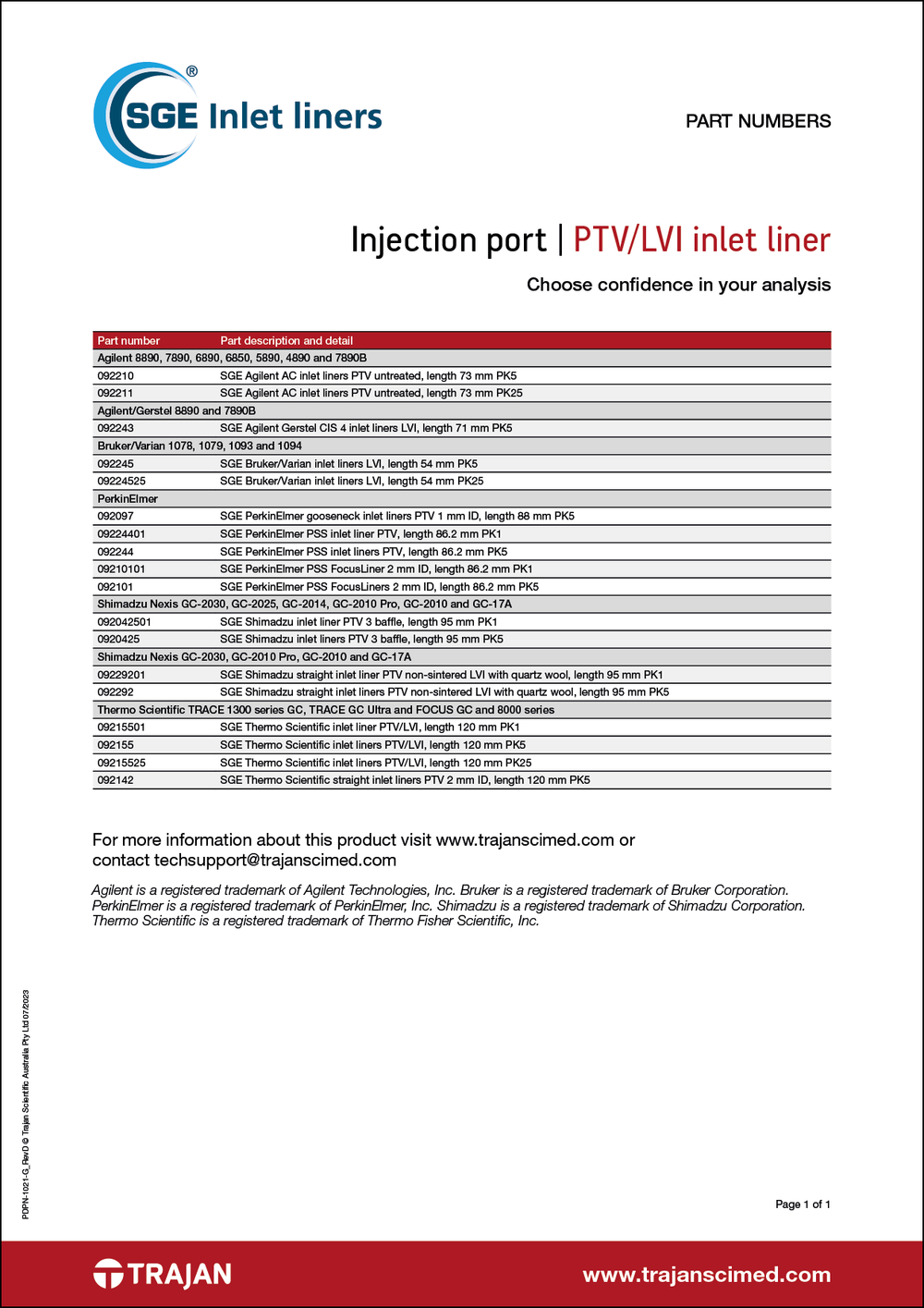 SGE PTV/LVI inlet liners