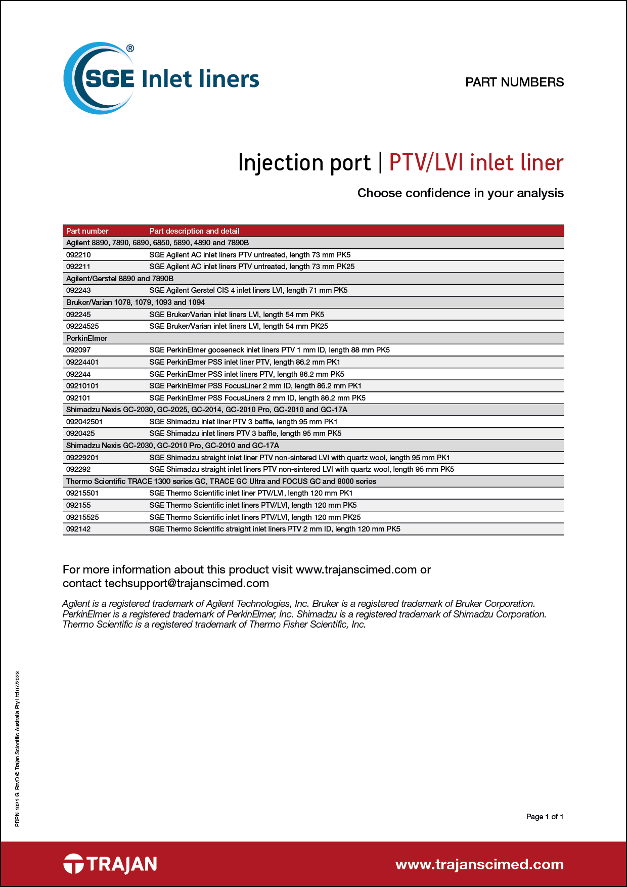 Part Number List - SGE PTV/LVI inlet liners