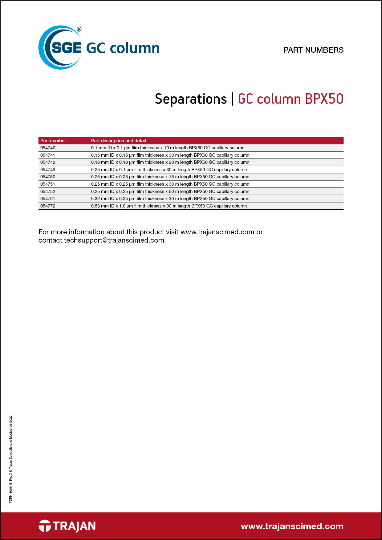 Part Number List - BPX50 GC columns