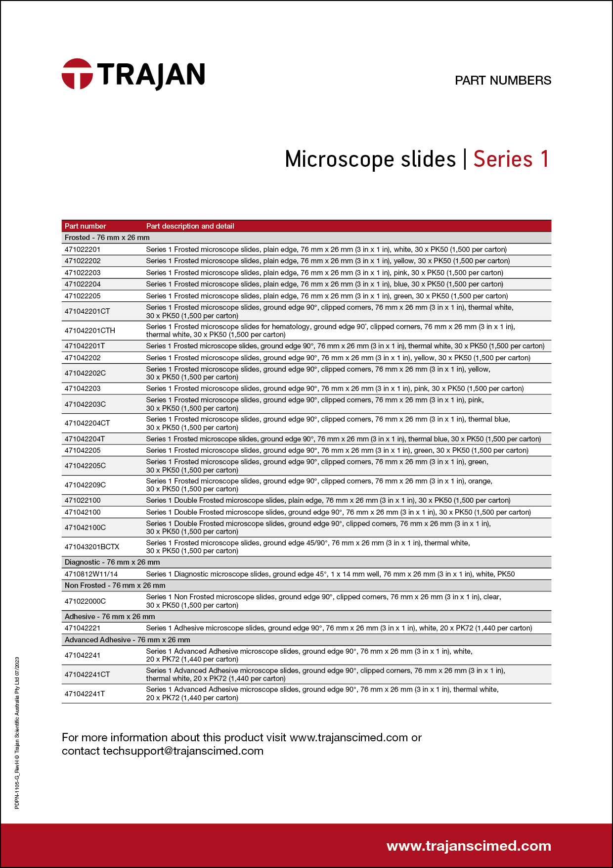 Part Number List - Series 1 microscope slides