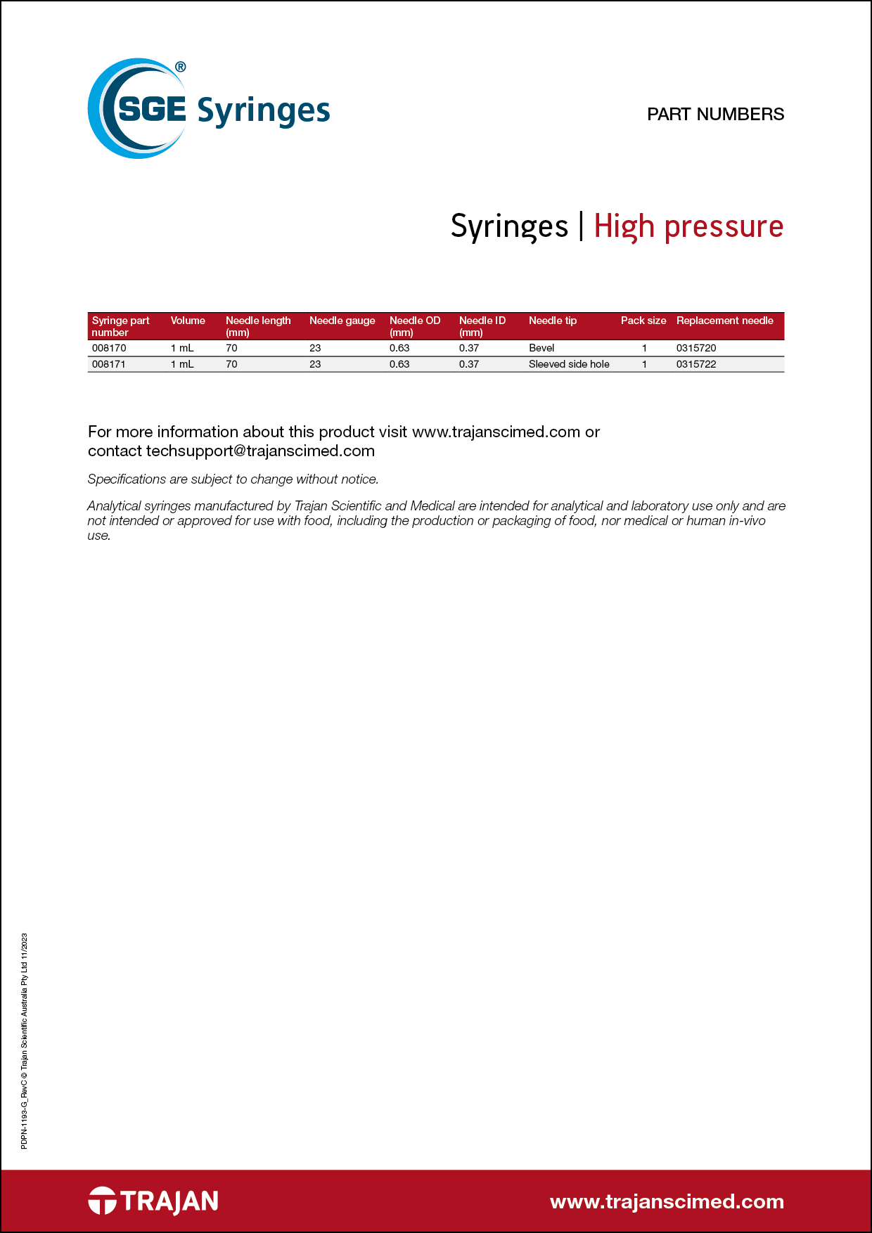 Part Number List - SGE high pressure syringes