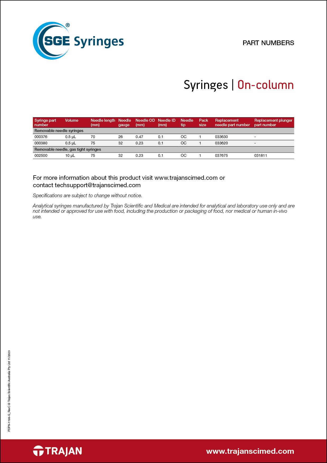 Part Number List - SGE on-column syringes