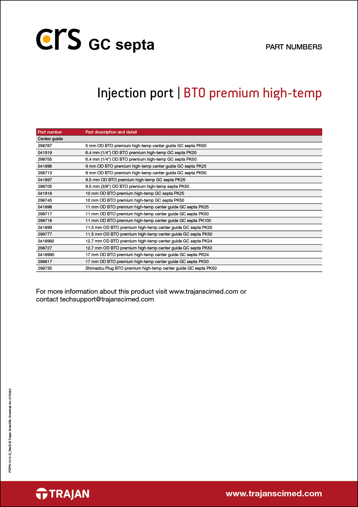 Part Number List - CRS BTO (Bleed temperature optimized) premium high-temp GC septa