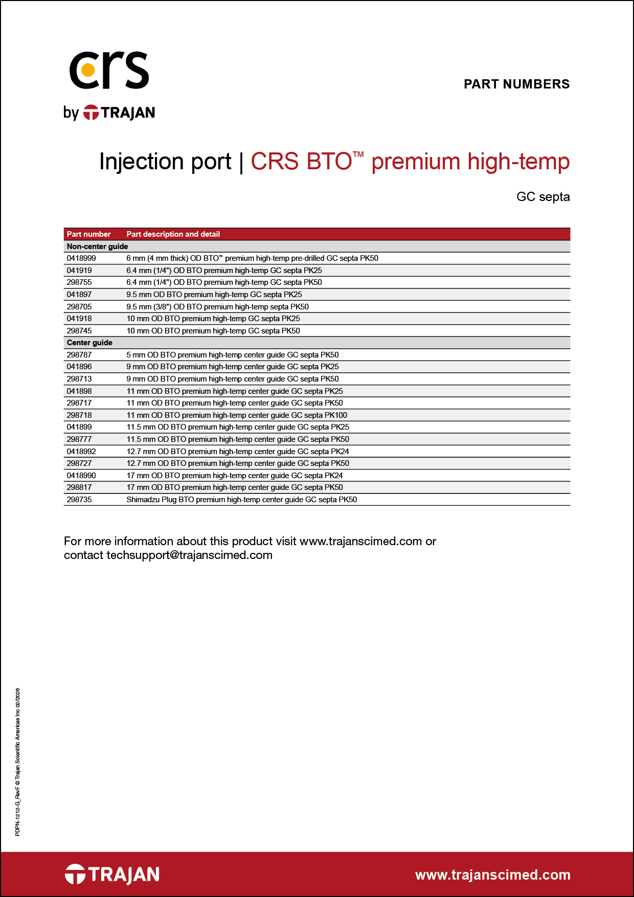Part Number List - CRS BTO (Bleed temperature optimized) premium high-temp GC septa