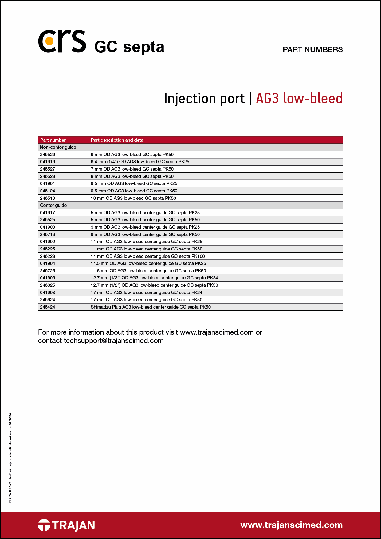 Part Number List - CRS AG3 (Advanced Green 3) low-bleed GC septa