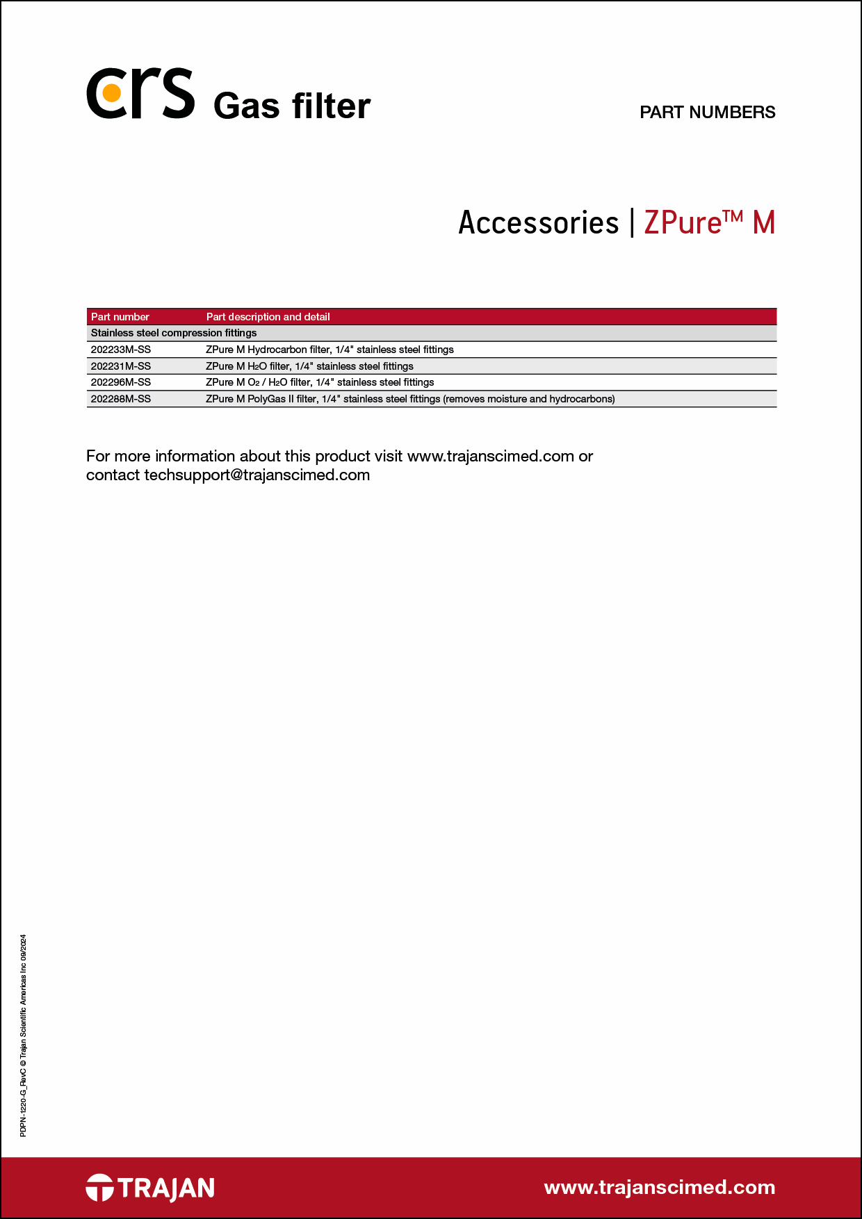 Part Number List - CRS ZPure™ M gas filter