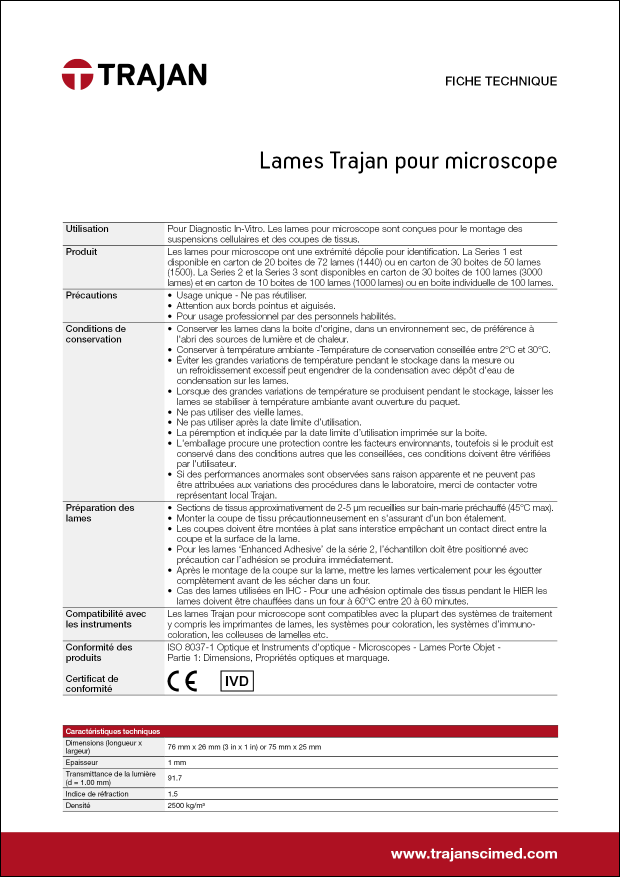 Product Specification Sheet - Trajan microscope slides (French)