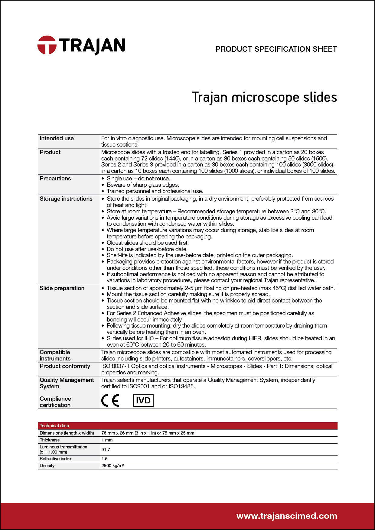 Product Specification Sheet - Trajan microscope slides