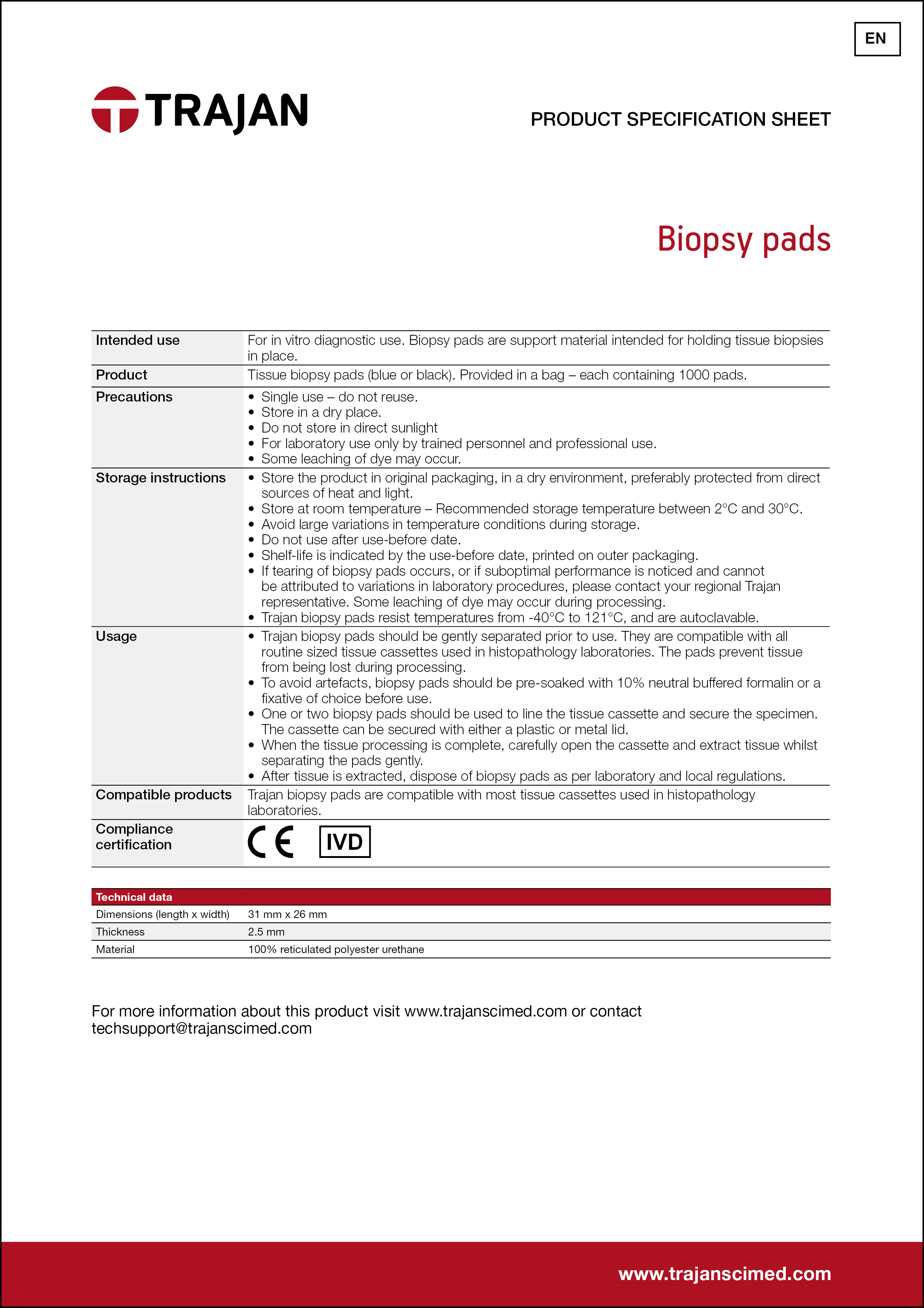 Product Specification Sheet - Biopsy pads