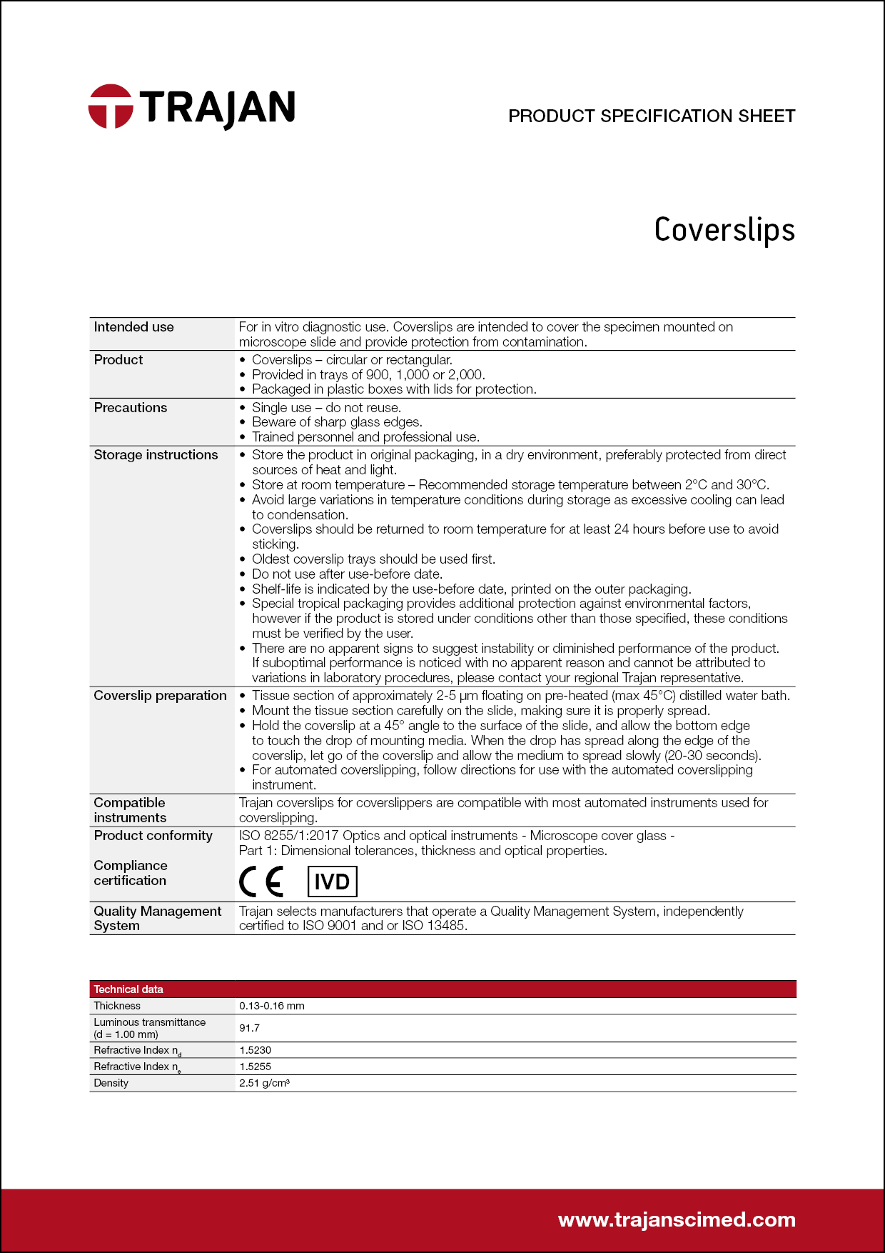 Product Specification Sheet - Trajan coverslips