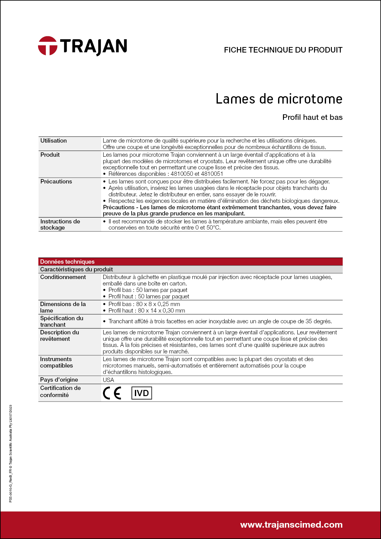 Product Specification Sheet - Microtome blades (French)