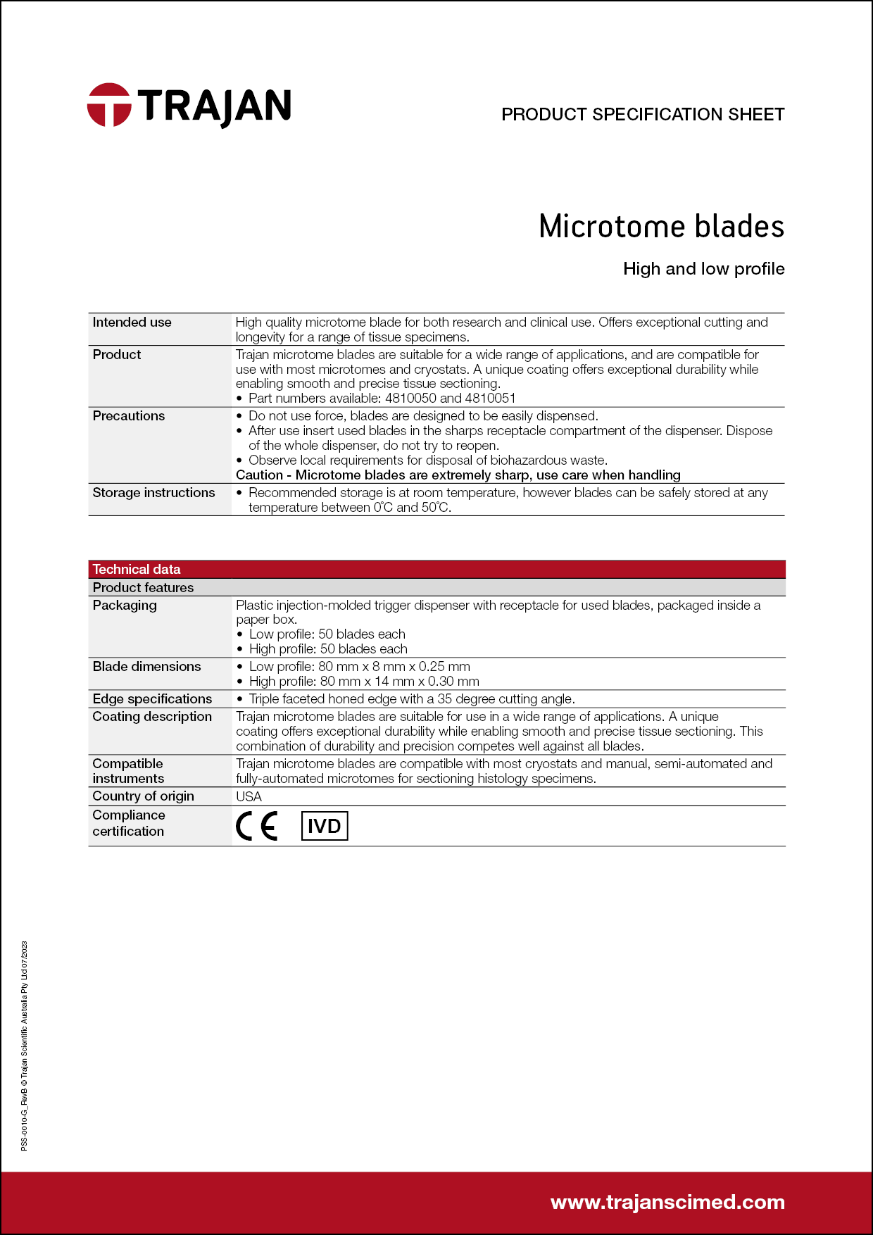 Product Specification Sheet - Microtome blades