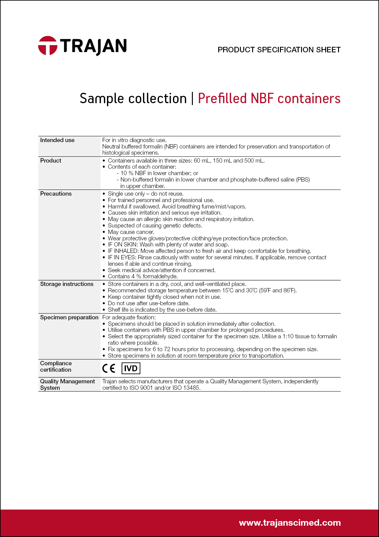Product Specification Sheet - Prefilled NBF containers