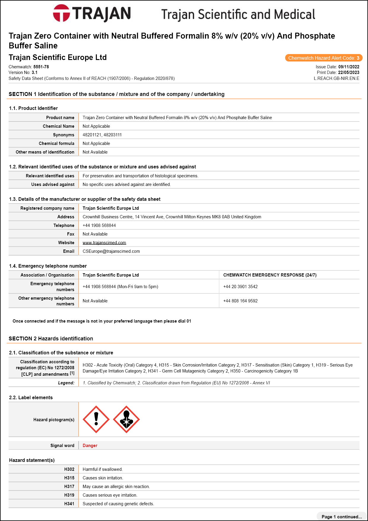 Safety Data Sheet - Trajan Zero Container with Neutral Buffered Formalin 8% w/v (20% v/v) (UK)