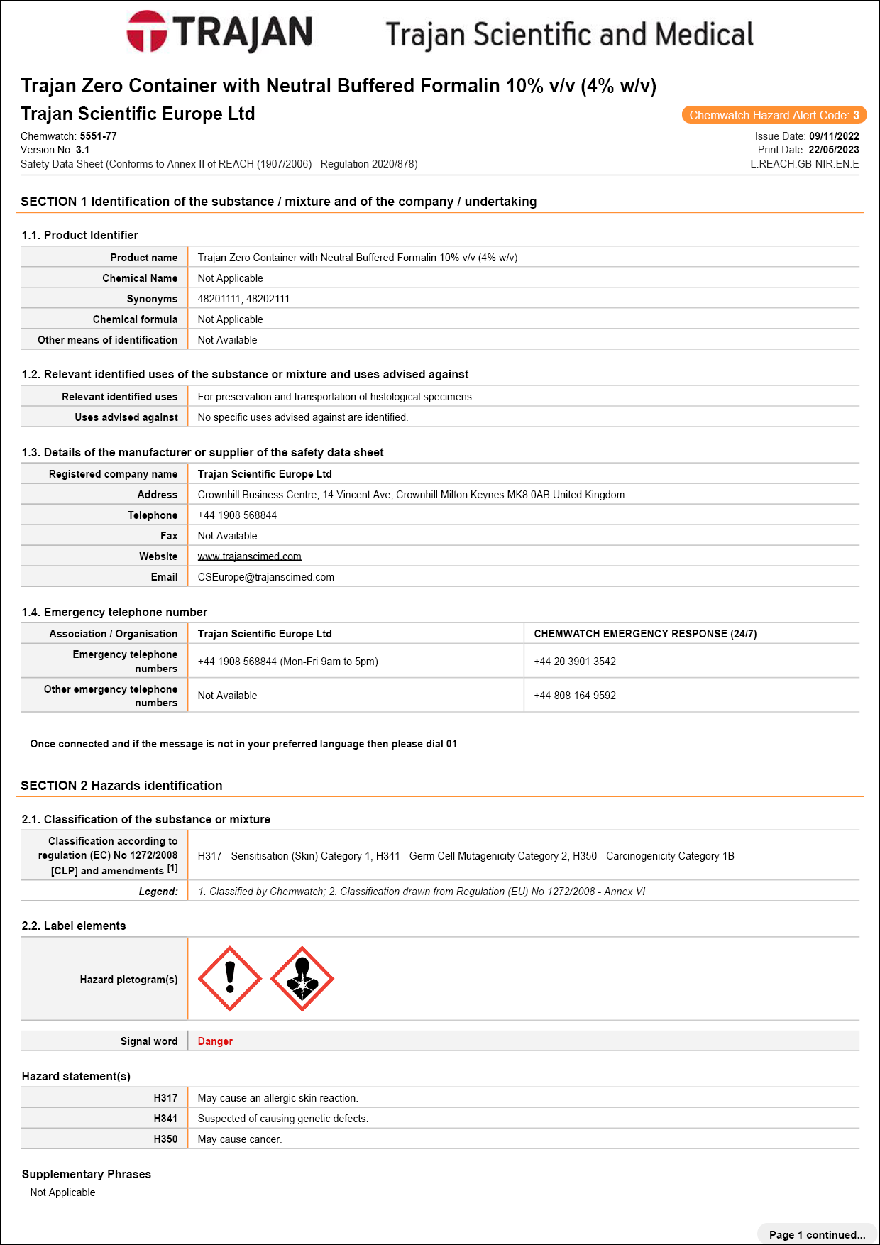Safety Data Sheet - Trajan Zero Container with Neutral Buffered Formalin 10% v/v (4% w/v) (UK)