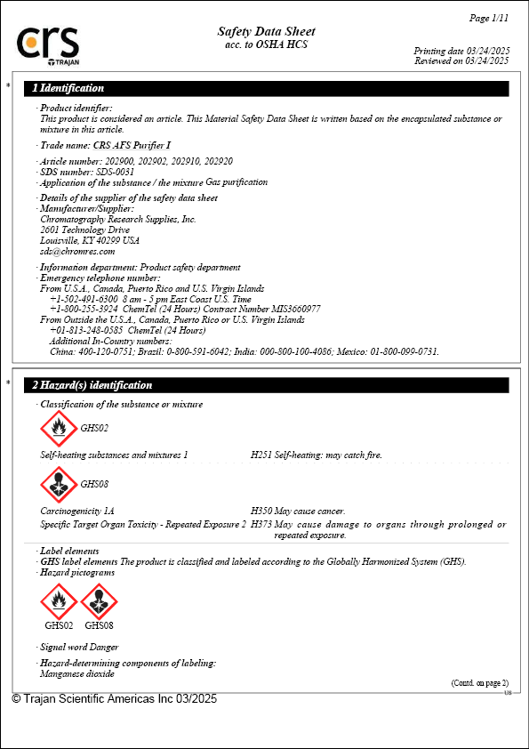 Safety Data Sheet - CRS Advanced Filter System Cartridge