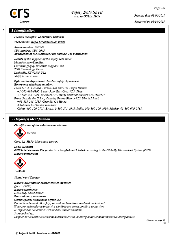 Safety Data Sheet - CRS Refill Kit Molecular Sieve