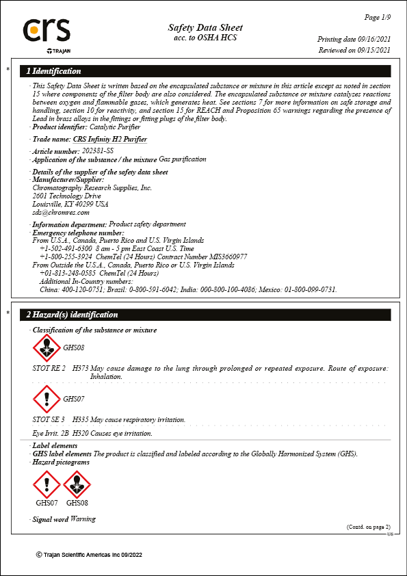 Safety Data Sheet - CRS Infinity H2 Purifier