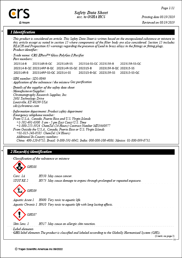 Safety Data Sheet - ZPure Glass PolyGas I Purifier