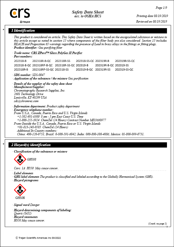 Safety Data Sheet - ZPure Glass PolyGas II Purifier