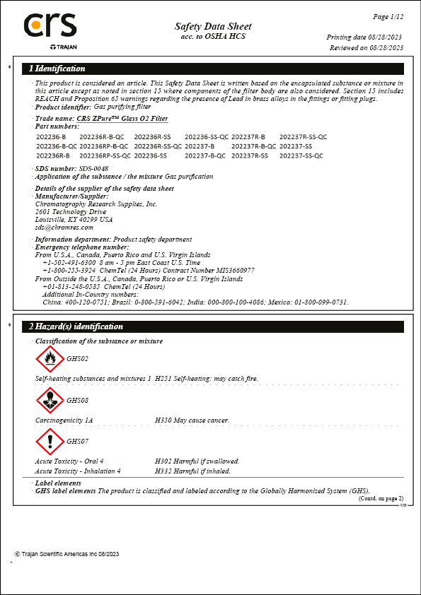 Safety Data Sheet - CRS ZPure Glass O2 Filter
