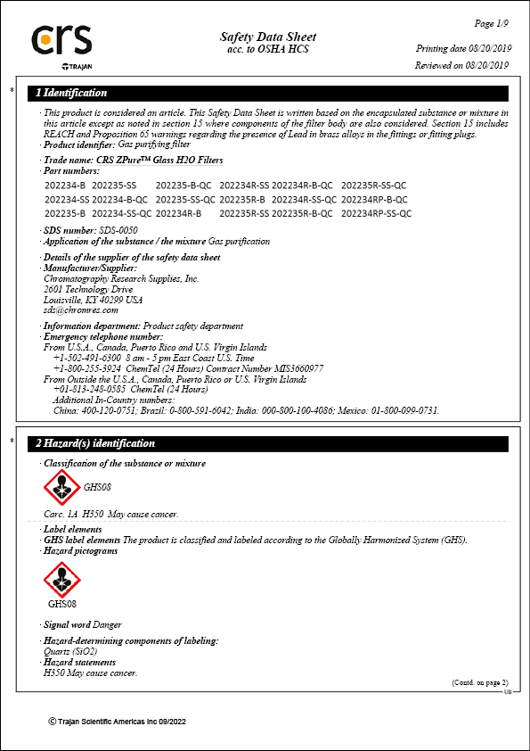 Safety Data Sheet - CRS ZPure Glass H2O Filters