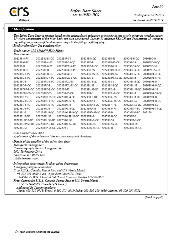 Safety Data Sheet - CRS SPure H2O Filters