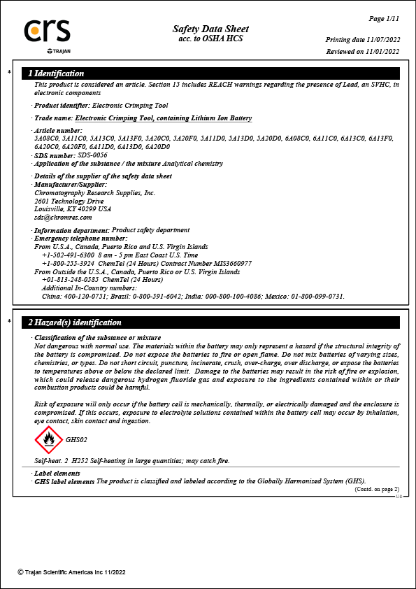 Safety Data Sheet - Electronic Crimping Tool