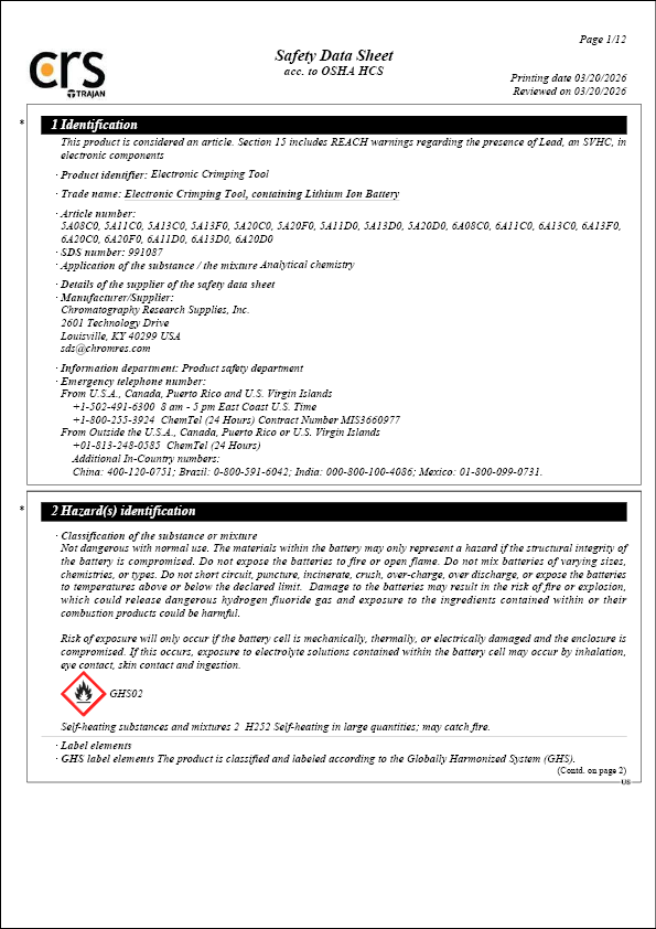 Safety Data Sheet - Electronic Crimping Tool