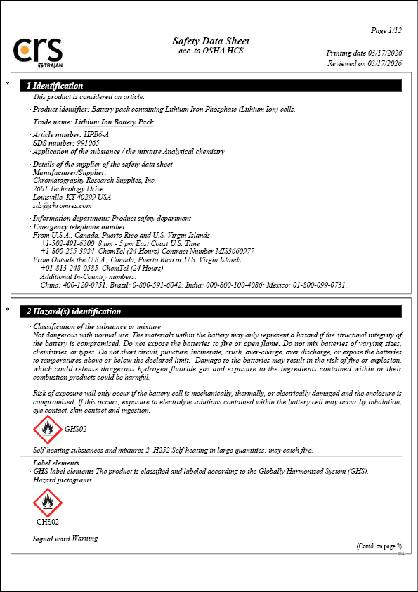 Safety Data Sheet - Lithium Ion Battery Pack