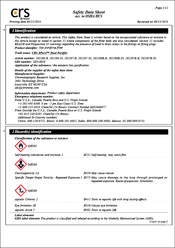 Safety Data Sheet - CRS ZPure Dual Filter