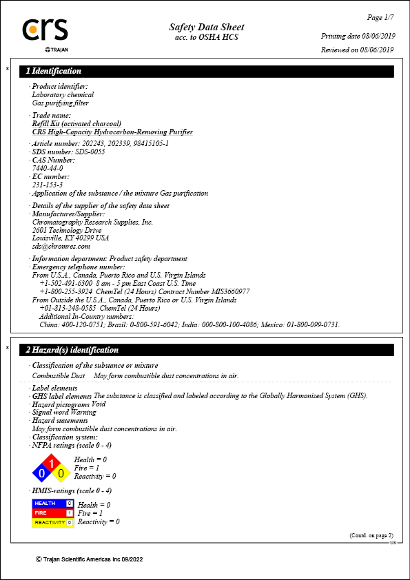 Safety Data Sheet - CRS Model 300 Filter - Special