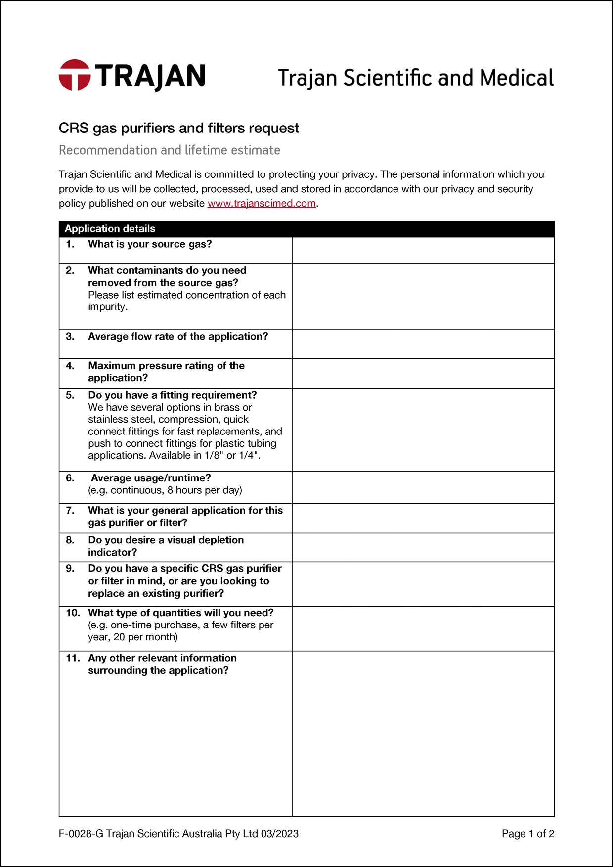 Form - CRS gas purifiers and filters request