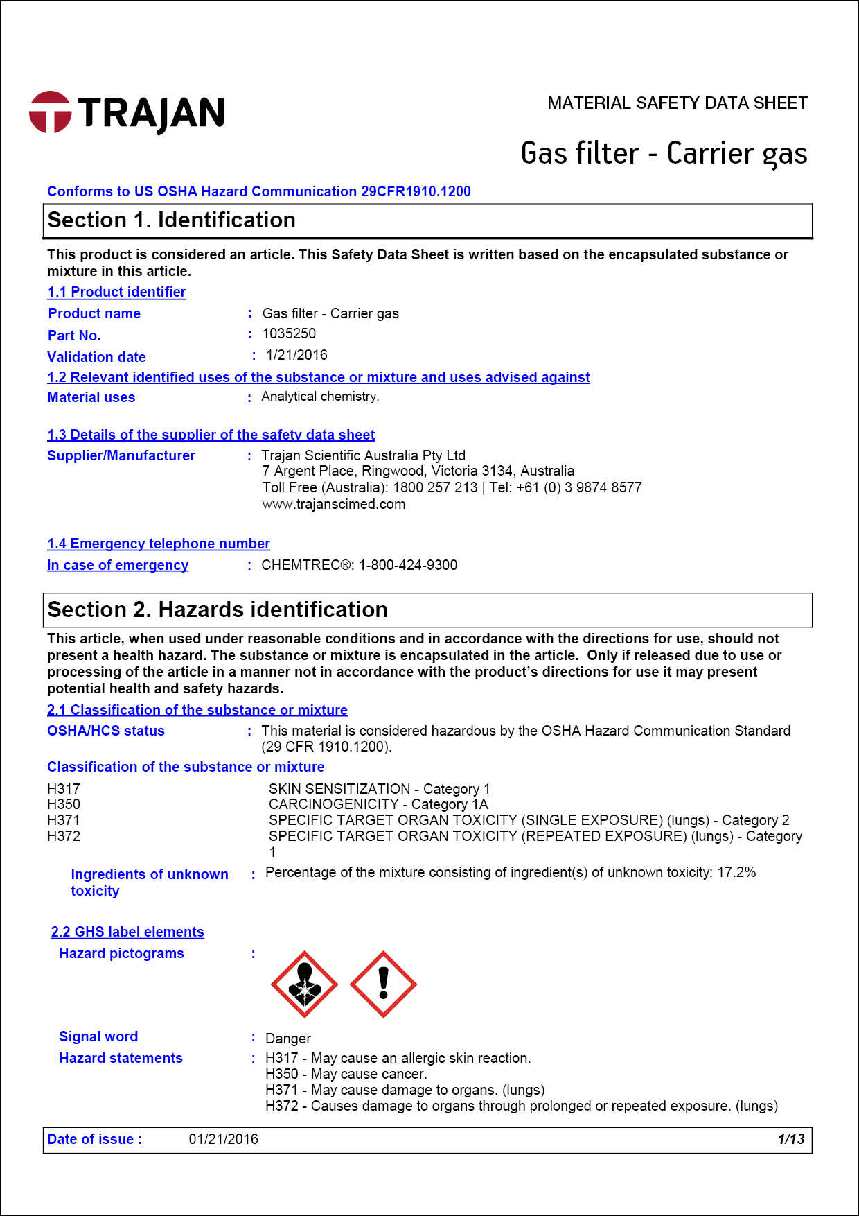 Material safety data sheet - Gas filter - Carrier gas