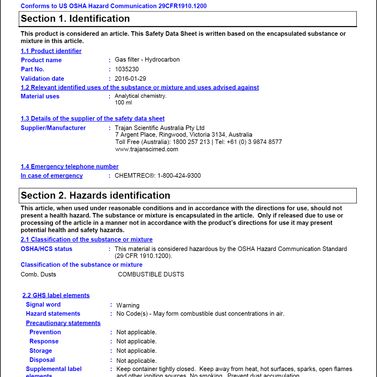 Material safety data sheet - Gas filter - Hydrocarbon