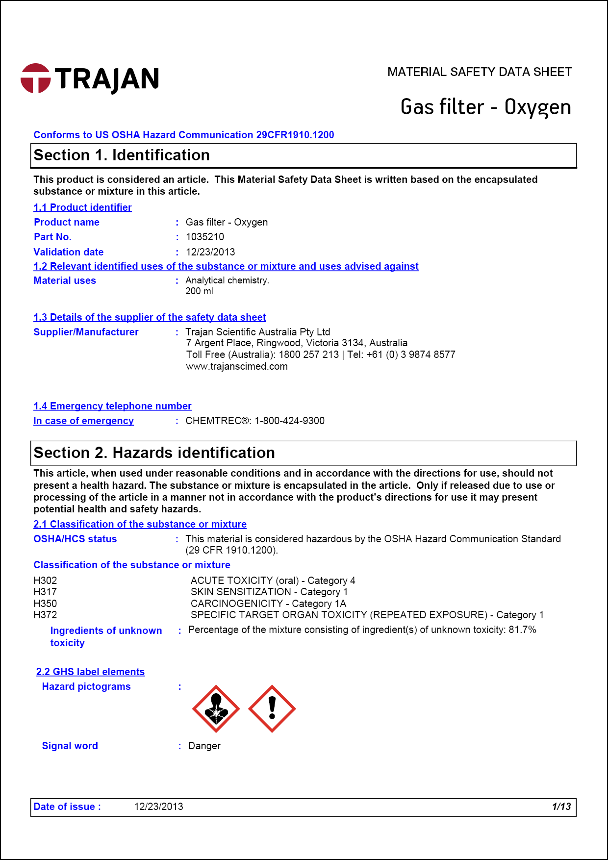 Material safety data sheet - Gas filter - Oxygen