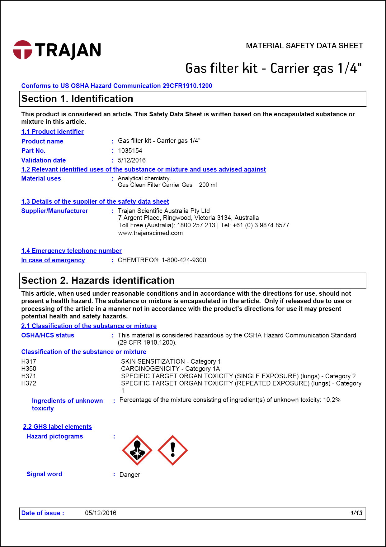 Material safety data sheet - Gas filter kits - Carrier gas 1/4"