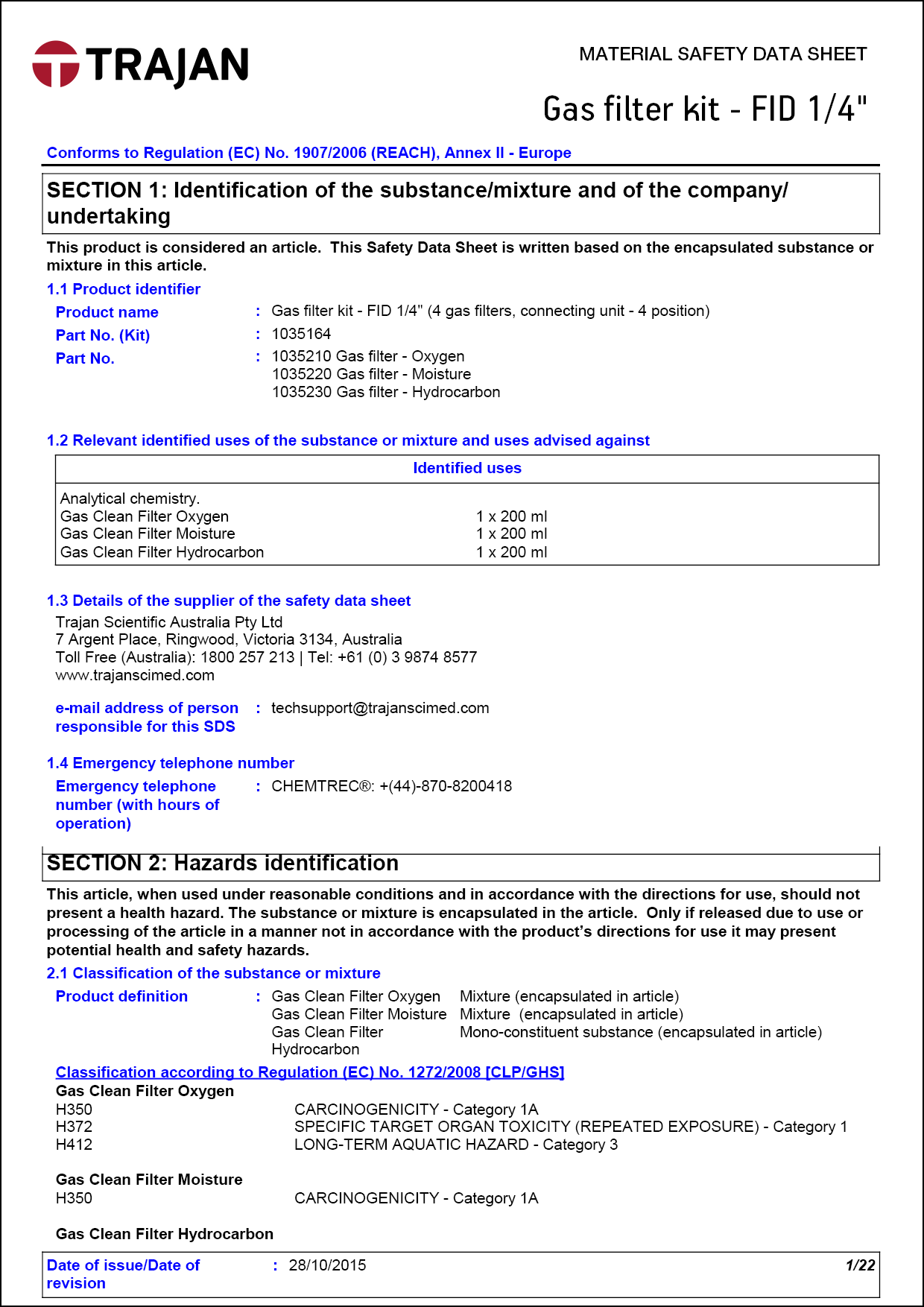 Material safety data sheet - Gas filter kits - FID 1/4"