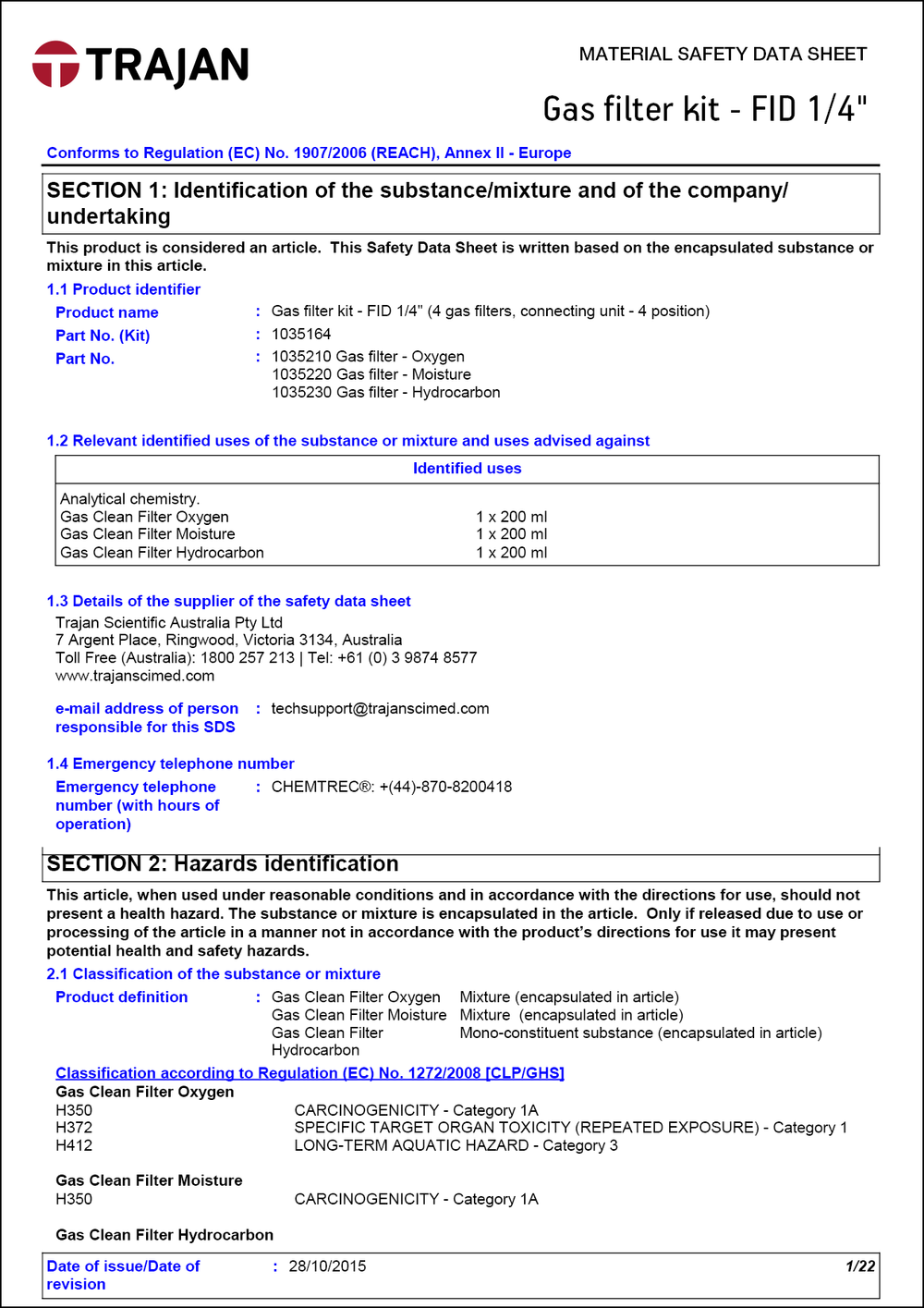 Material safety data sheet Gas filter kits FID 1/4"