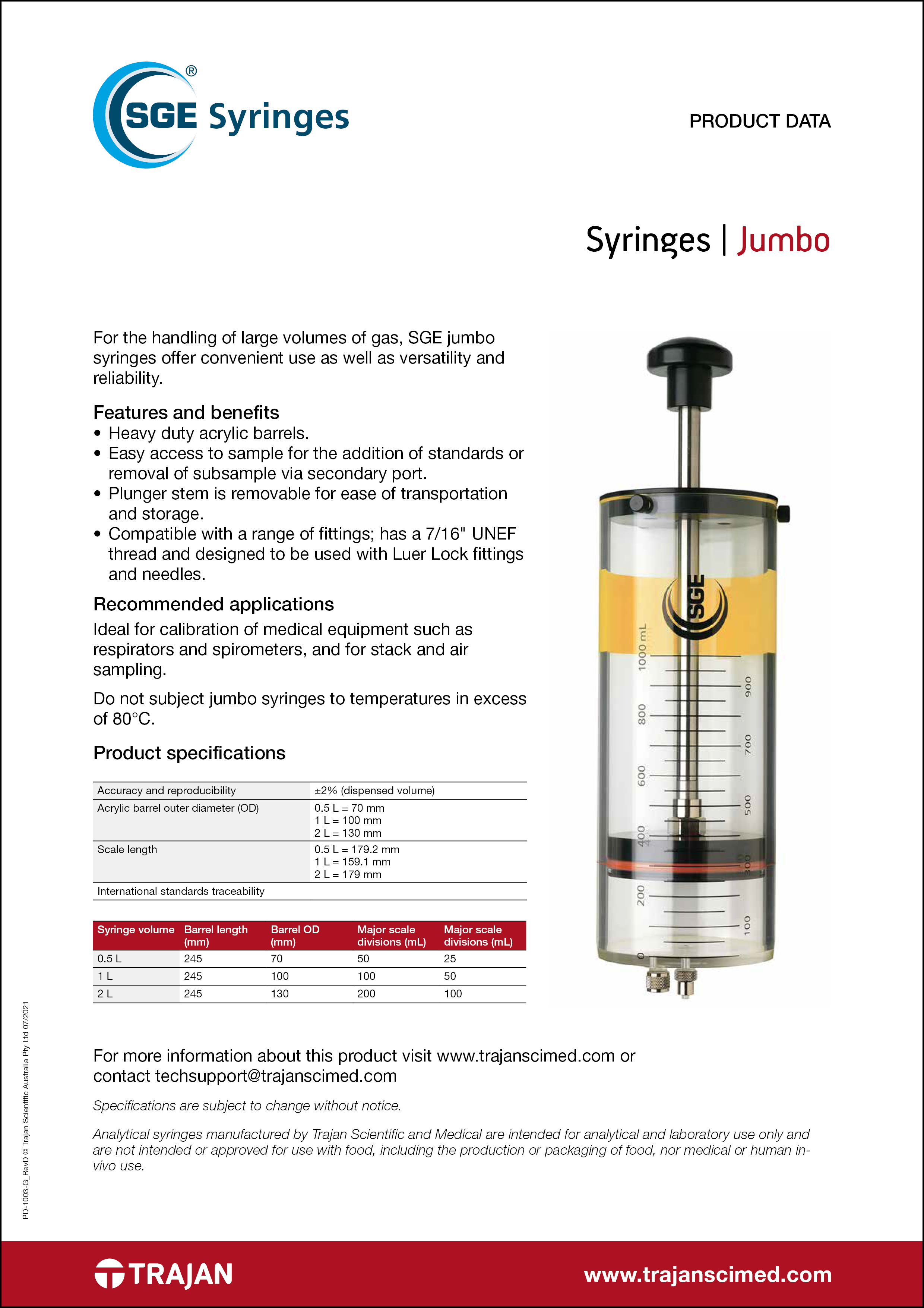 Product Data Sheet - SGE Jumbo syringes