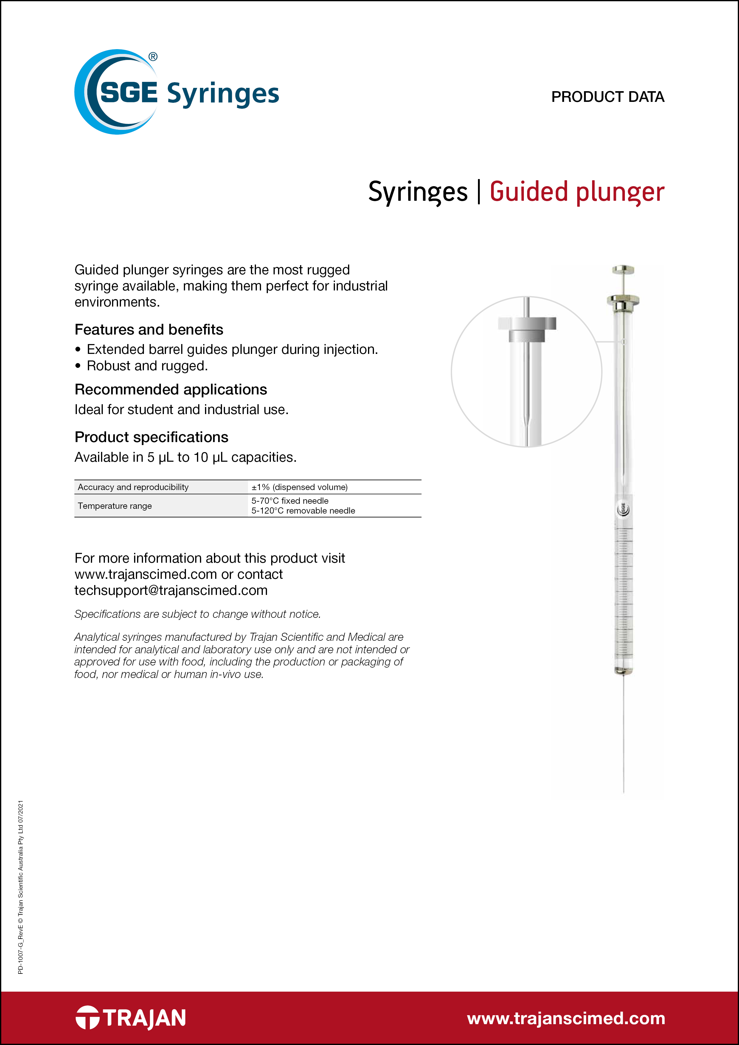 Product Data Sheet - SGE guided plunger syringes