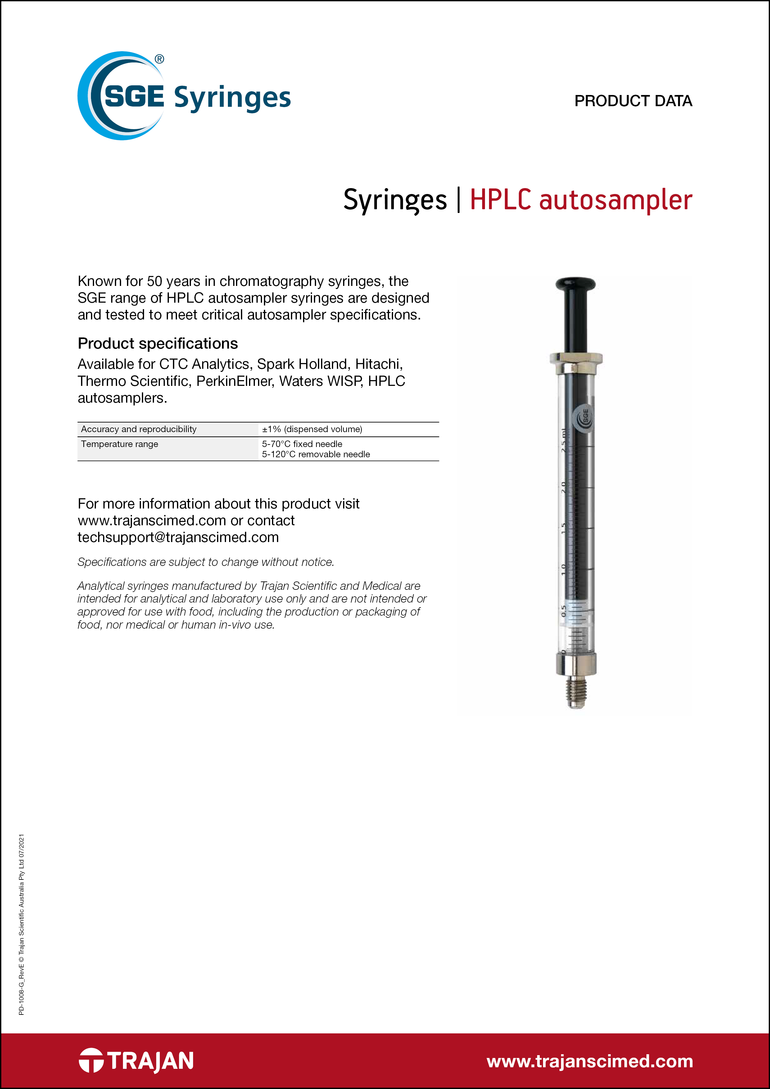 Product Data Sheet - SGE LC autosampler syringes