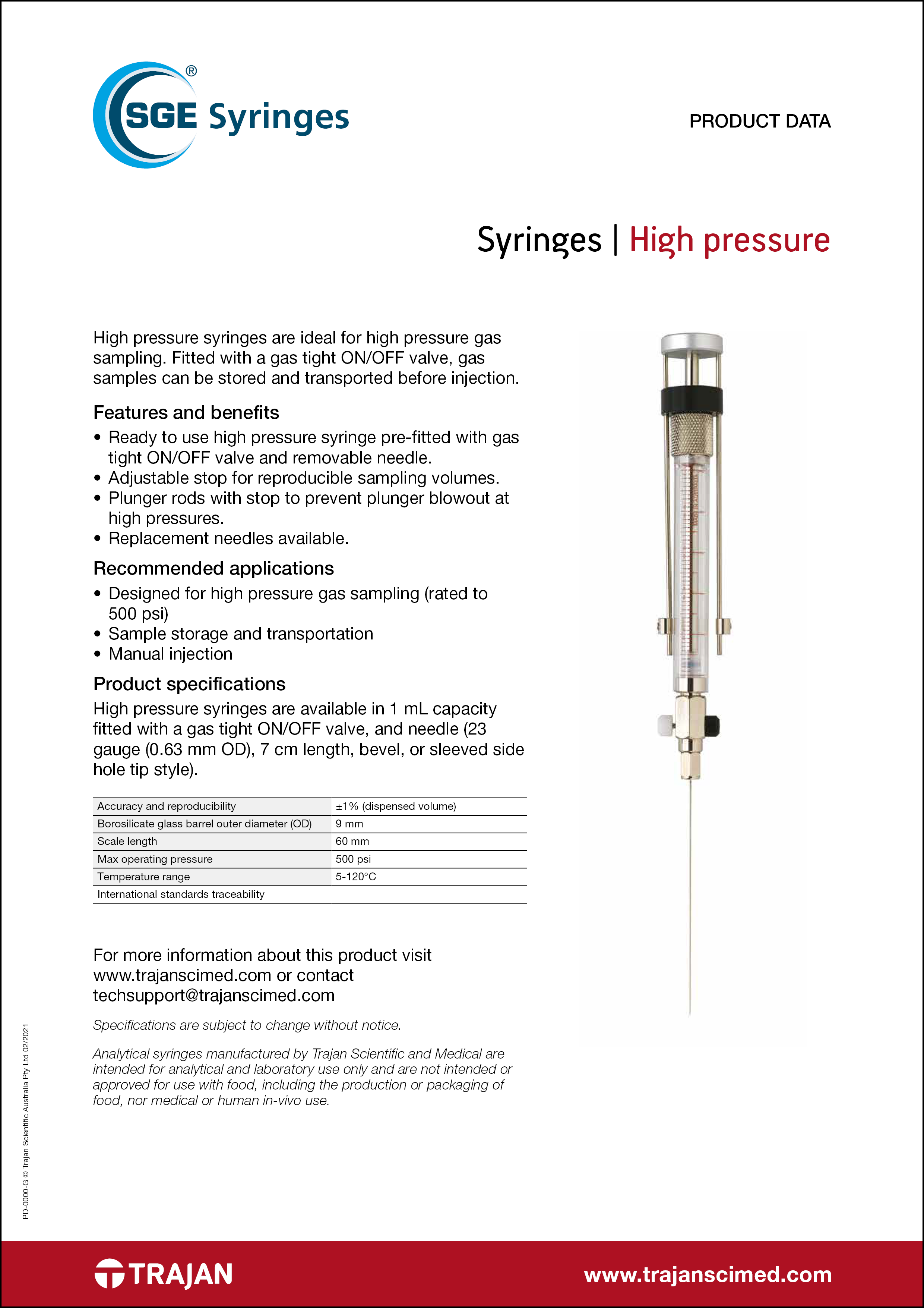 Product Data Sheet - SGE high pressure syringes
